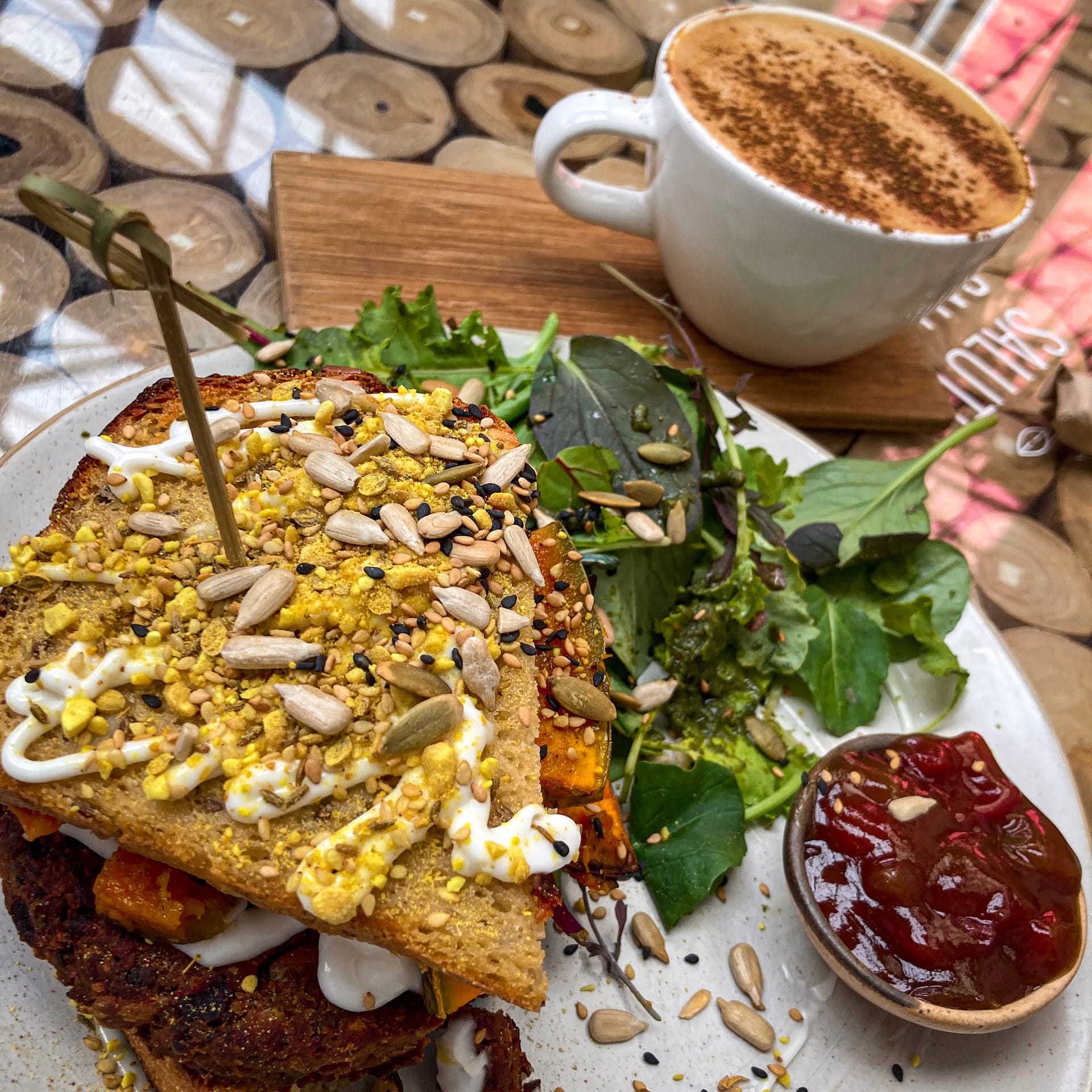 Barefoot Eatery Vegan Sandwich and Oat milk Chai latte!