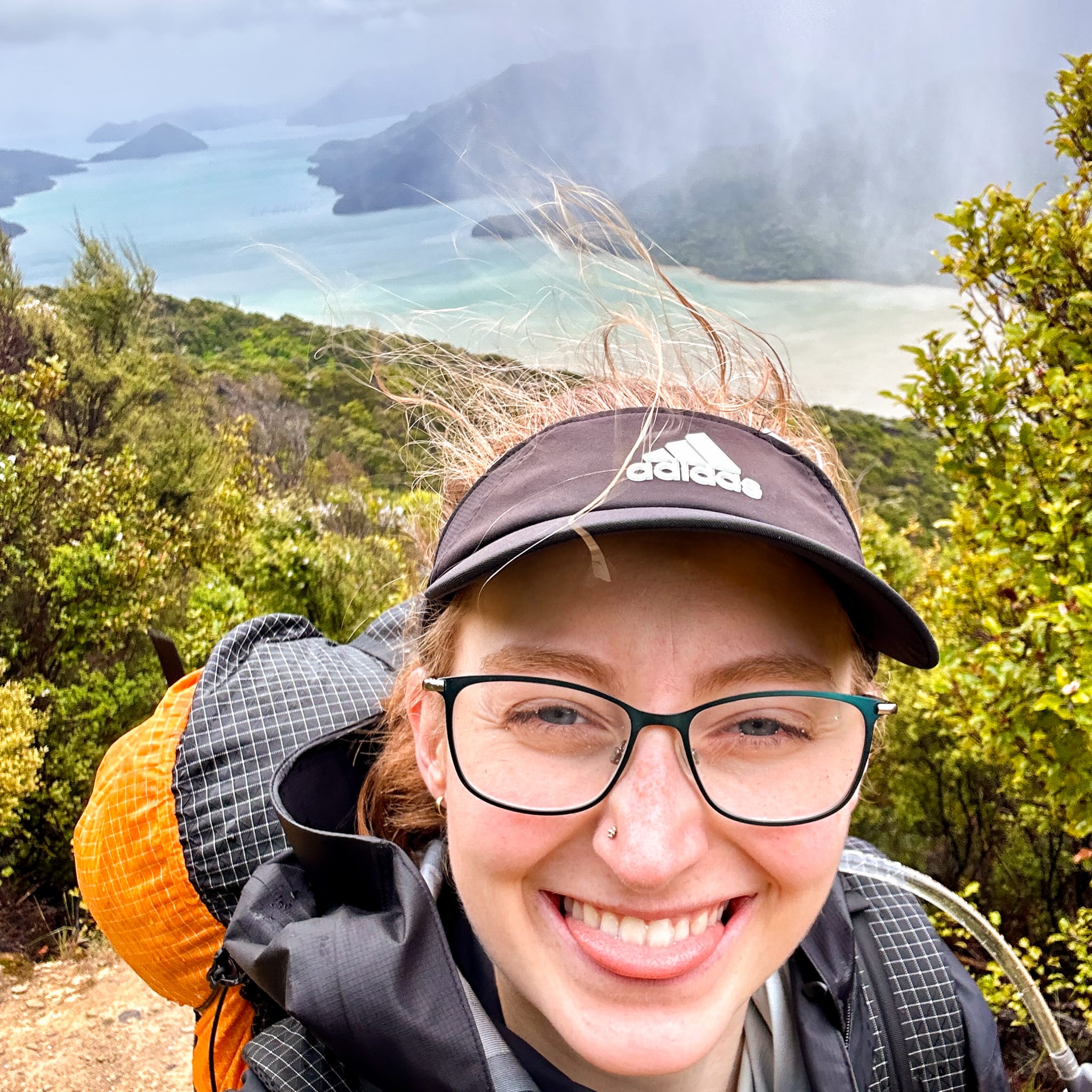 Selfie of Ashley and view of Queen Charlotte sound